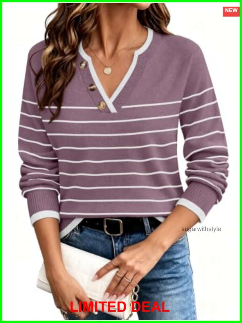 Womens V-Neck Long Sleeve Knit Pullover Sweater Lightweight